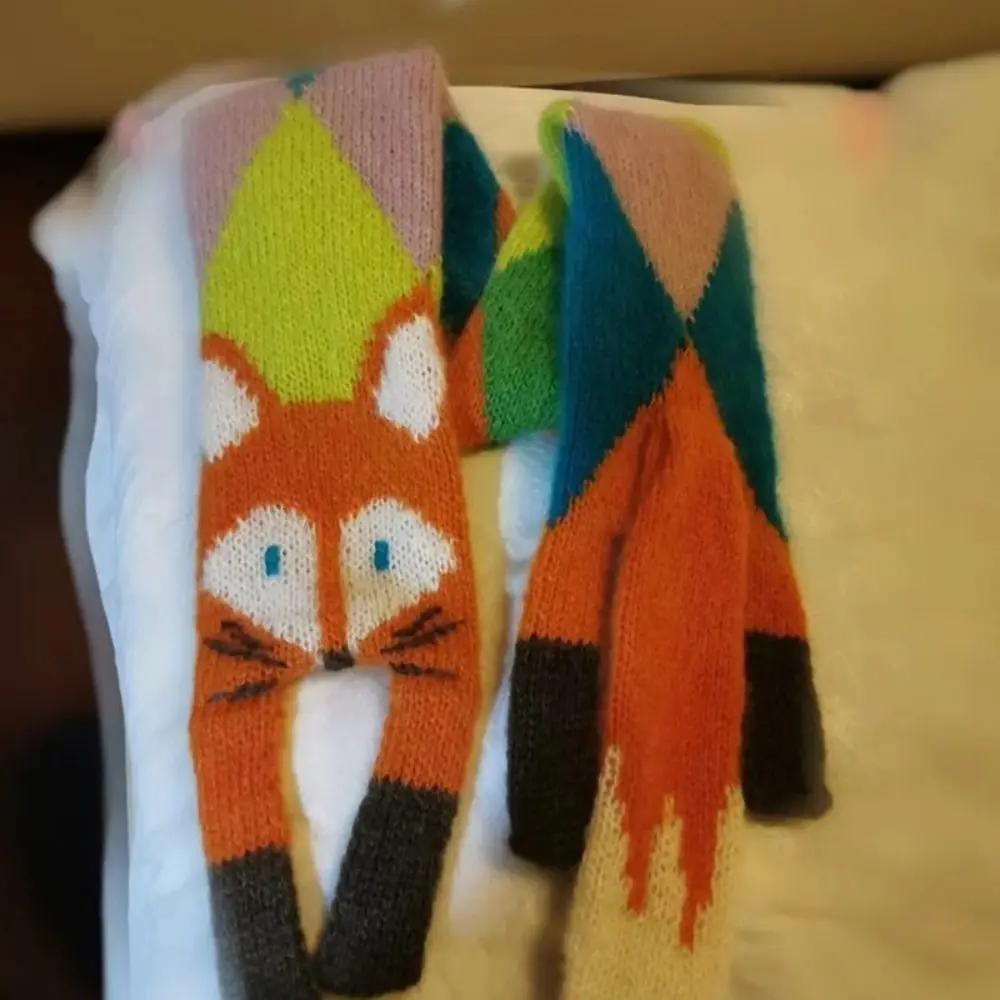 

Cute Japanese Style Knitted Scarf Animal Imitation Cashmere Cartoon Fox Scarf Trendy Autumn Winter Warm Shawl Wrap