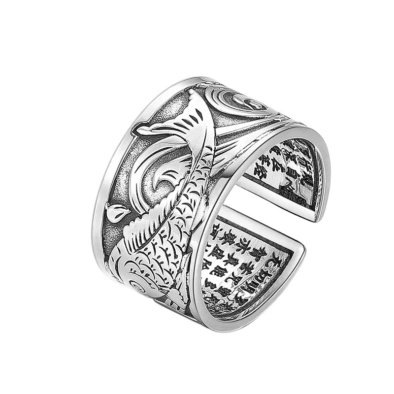 BOCAI Wholesale S999 Silver Jewelry Heart Sutra Ring Man Wide Version Carp Tail Ring retro