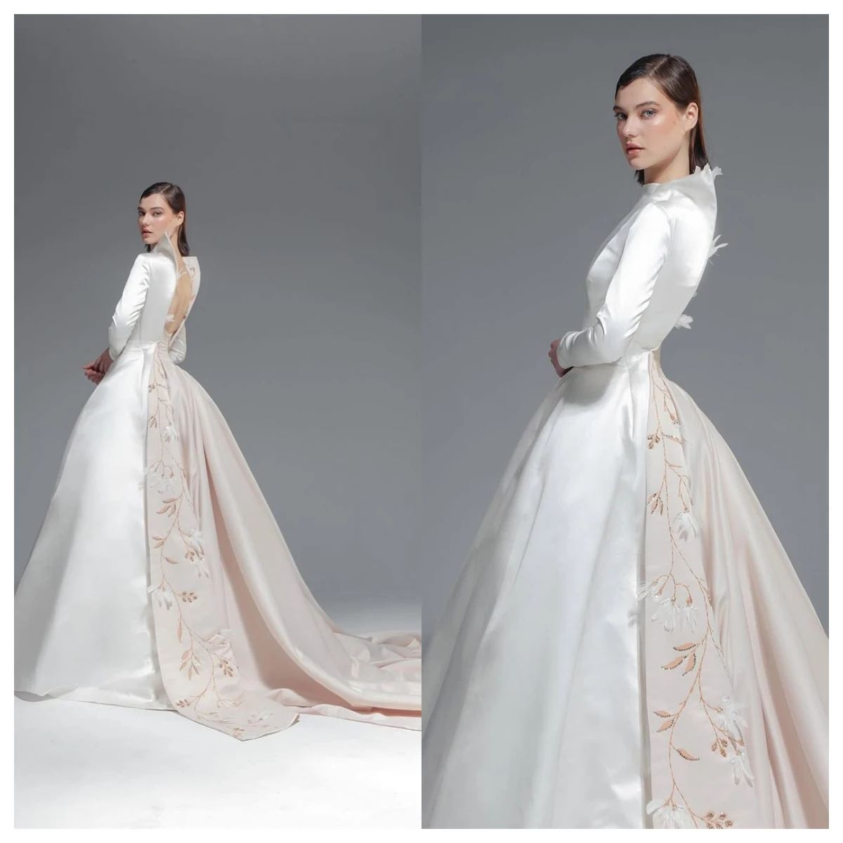 Vestido de noite de cetim branco temperamento personalizado, gola redonda, mangas compridas, vestidos de celebridades, alta qualidade, costas abertas