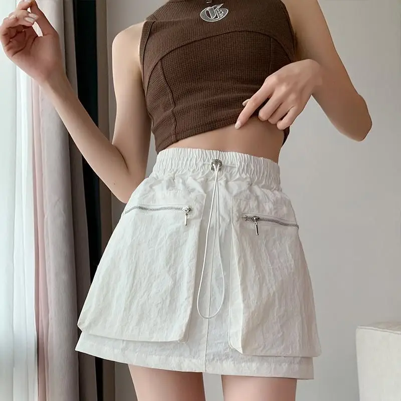 High Waist Drawstring Summer Women Short A Line Skirt Vintage Casual Cargo Big Zipper Pocket Skirt with Safety Shorts Hip Skirts