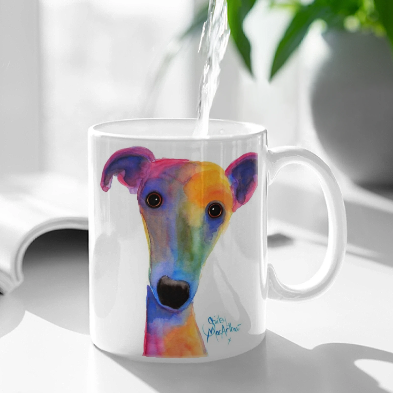 Whippet Greyhound Print 'Pansy' By Shirley Macarthur White Mug Milk Tea Mug Print Mug 11 Oz Coffee Cup Whippet Greyhound