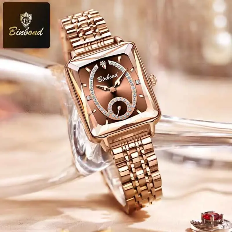 BINBOND New Fashion Women Quartz Watch High Quality Elegant Jewelry Design Waterproof Watch Luxury Square Rose Gold Women Watch