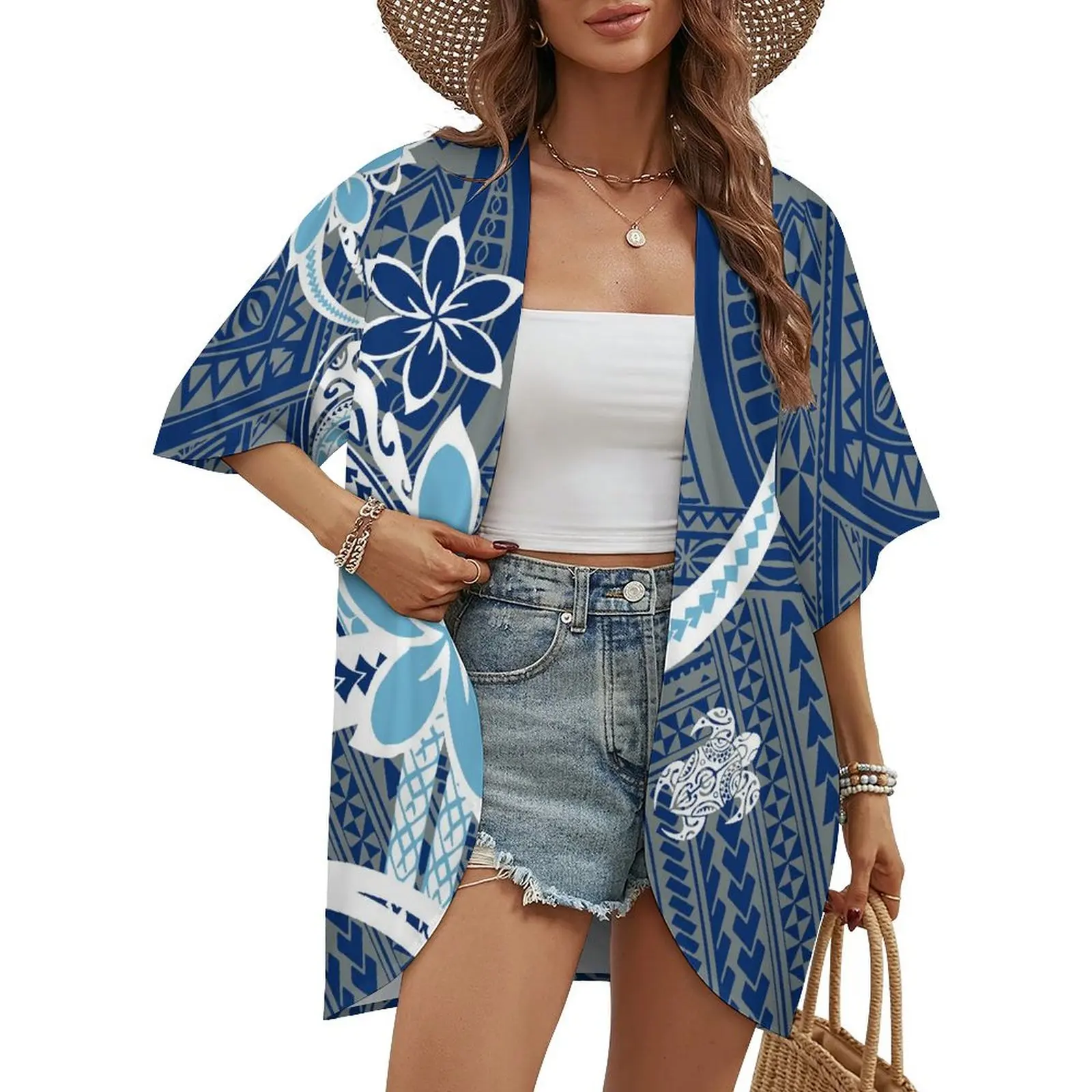 Casual Half-Sleeve Ethnic Print Loose Coat Women's Summer Polynesian Light Cardigan Coat Travel Coat