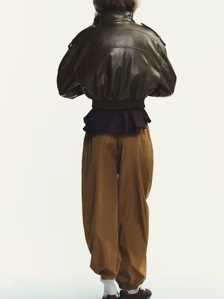 Novo outono feminino motociclista jaet ort falso couro longo sve gola com zíper ket outerwear casual sle suporte ajuste