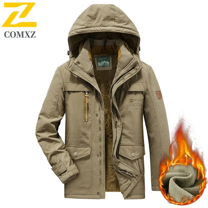 

COMXZ Men's Fleece Trench Coat Autumn Winter Solid Color Loose Outdoor Waterproof Hooded Mountaineering Coat Padded Warm Jacket