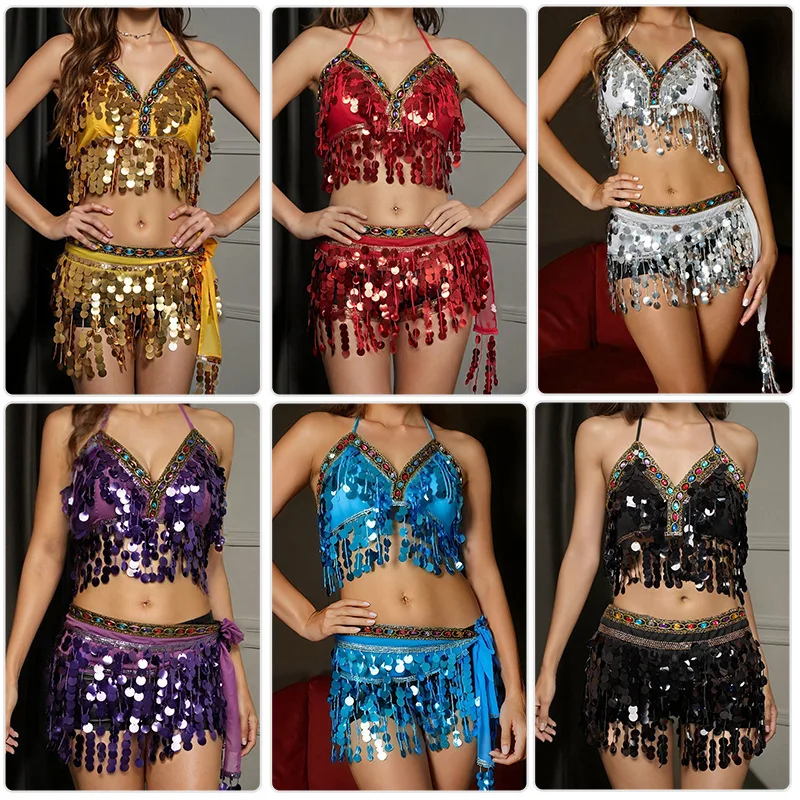 2025 explosion, colorful sequined fringed waist chain belly dance set, adult stage performance clothing women