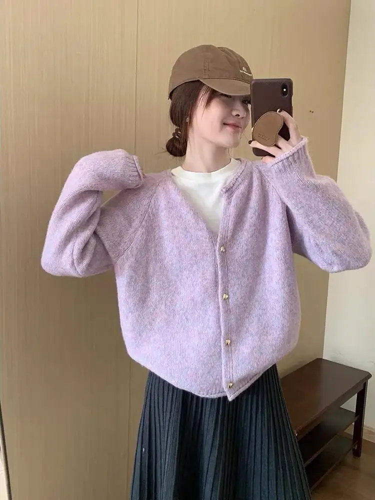 كارديجان نسائي محبوك بسيط بألوان نقية على الطراز الكوري، سترة ناعمة للخريف والشتاء، مقاس صغير بأسلوب كسول وحلو وفضفاض #1