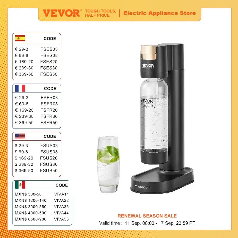 VEVOR-Criador De Água Com Espumante, Máquina De Refrigerante Para Carbonatação Doméstica, Seltzer Water Starter Kit, BPA Free, Garrafa PET 1L