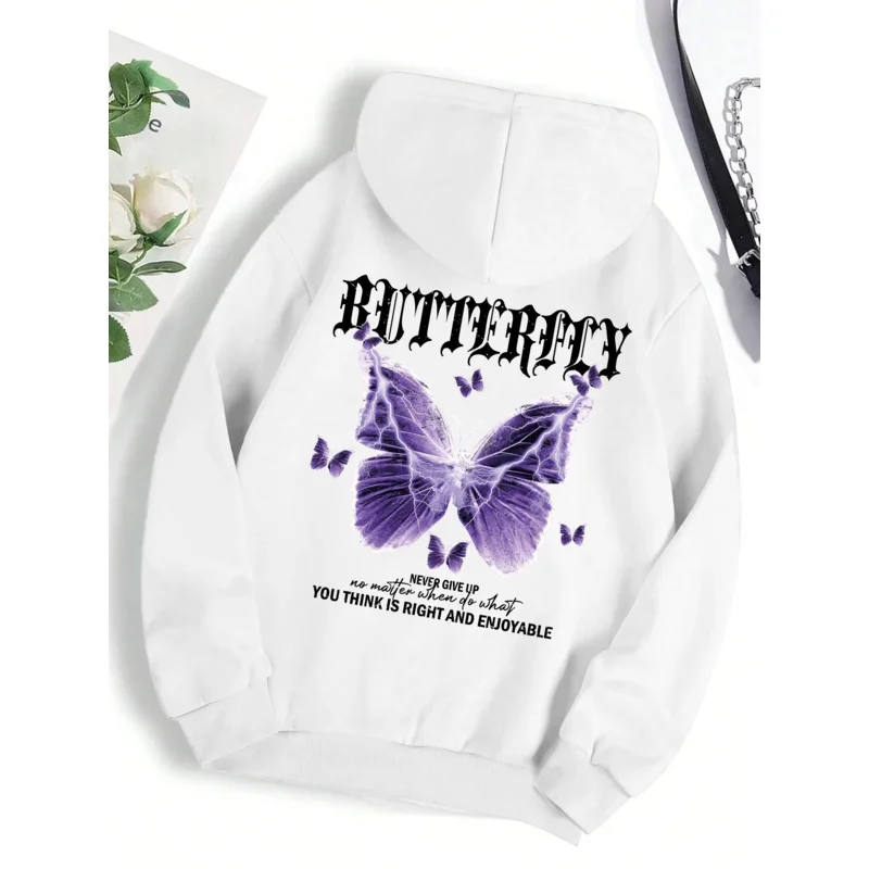 Beautiful Purple Butterfly Printing Hoodies Women Fleece Pocket Hoody Simple Casual Hoodie Autumn Loose Female Streetwear