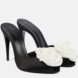 Bloem Peep Toe Zwarte Vlek Muilezels Vrouwen Stiletto Hak Elegent Ondiepe Hoge Hak Pumps Dames Feestjurk Zomer Nieuwe Schoenen