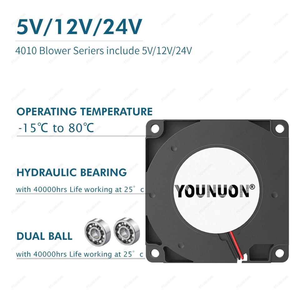 YOUNUON 40mm Wentylator dmuchawy 4010 40x40x10mm Bezszczotkowa dmuchawa turbo DC Wentylator drukarki 3D 5V 12V 24V 4CM Podwójne łożysko kulkowe Dmuchawa