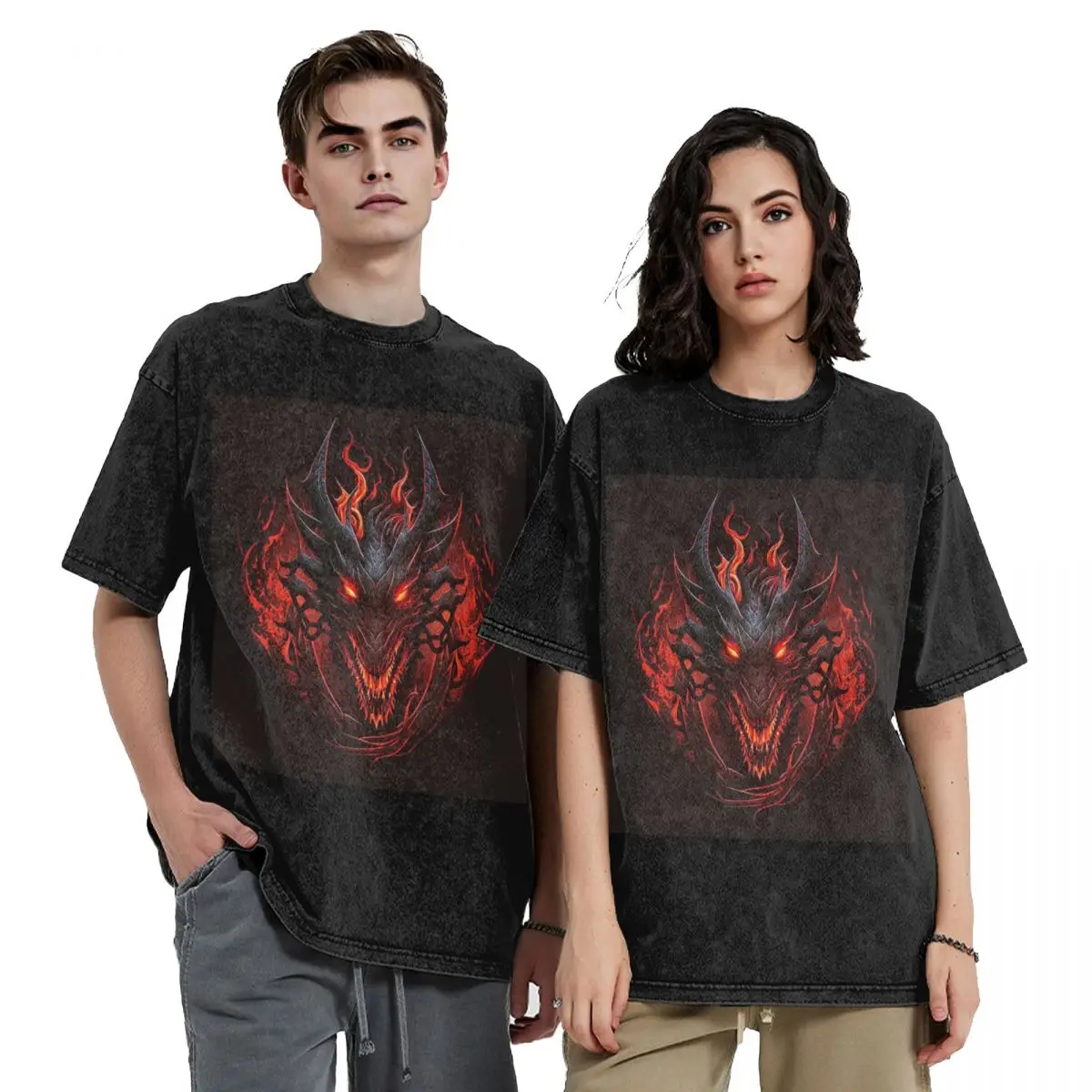 3D Fire Dragon Head In Blue And Red Flame Washed T Shirts Short Sleeve Hip Hop T-Shirt Streetwear Tops Tees for Men Women
