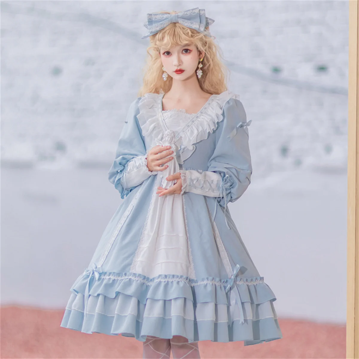 French Romantic Vintage Style Lolita Op Elegant  Girls Cosplay Solid Color Lantern Sleeve Ribbon Bowknot Ruffle Backless Dress