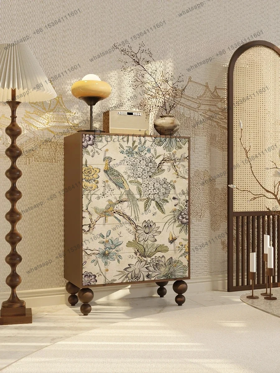 56French retro style solid wood chest cabinet household living room bedroom wall art painted flower and bird decorative cabinet
