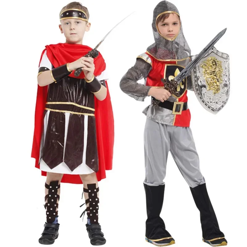 Cosbao Anime Kids Children Roman Warrior Soldier with Shoes Cover Cloak Belt Knight Costume Carnival Boys No Weapon