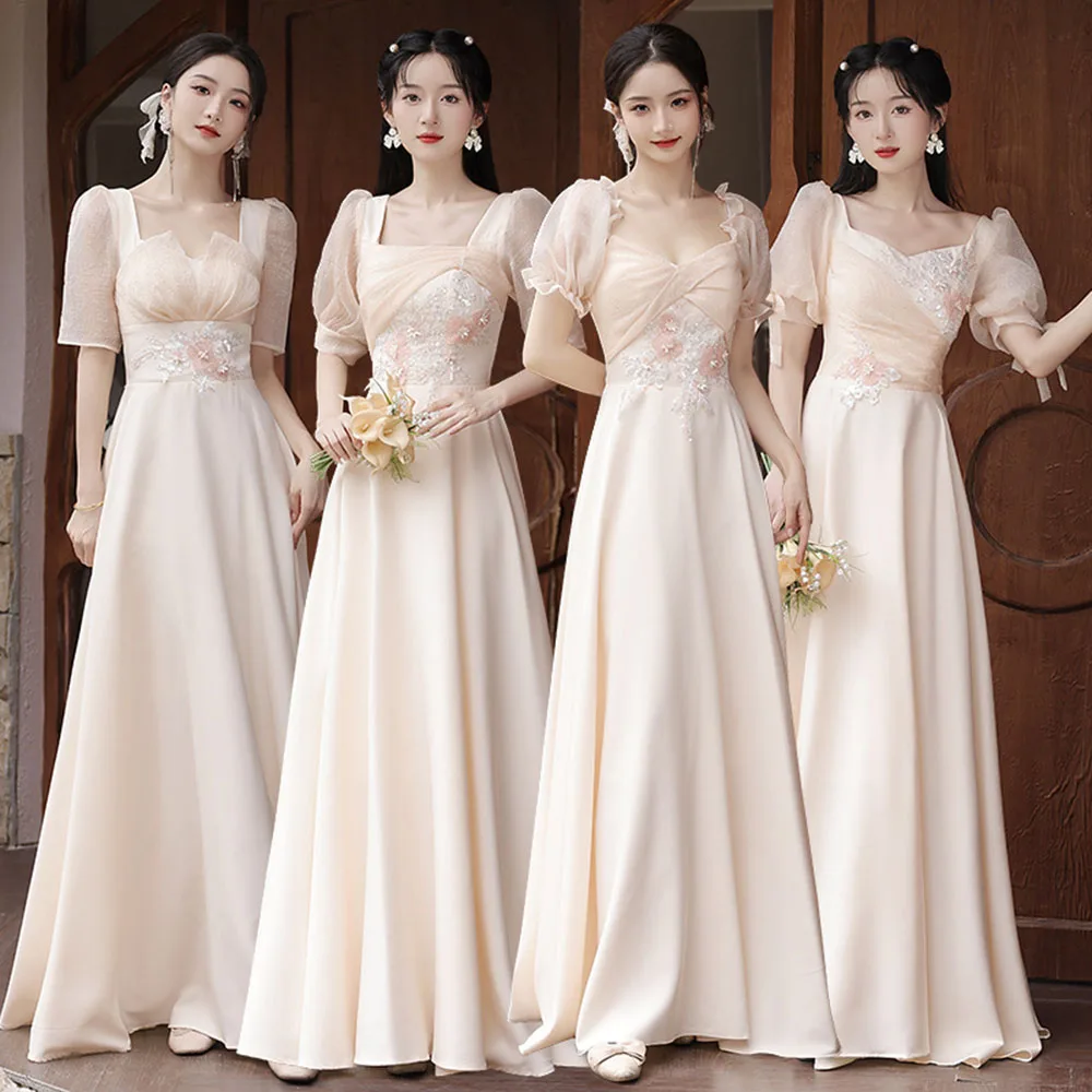 

4 Styles Light Champagne Bridesmaid Dress Elegant Women's Square Collar Short Puff Sleeves Flower Appliques A-line Vestido