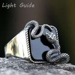 2023 New Good Detail Men's Punk Rock Black Stone Ring With 3D Snake Gothic Style 316L Stainless Steel Biker Anel Movie jewellery