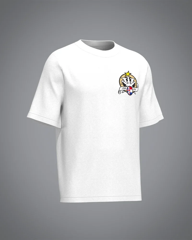 VRUNK X white tee, retro star emblem flag print back, cotton loose street tee, versatile casual wear for men