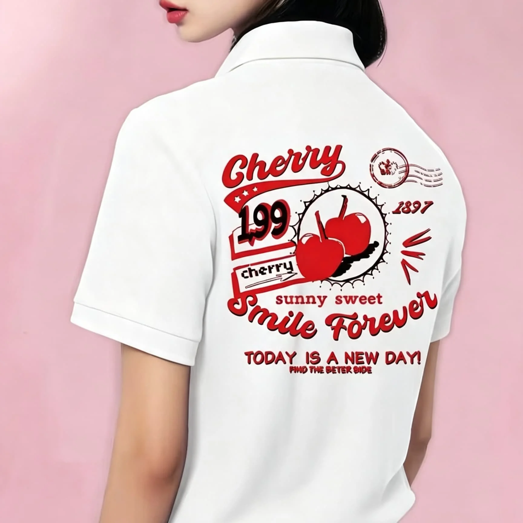 Casual Black Unisex Polo Blouse Stylish Retro Cherry Slogan Back Graphic Short Sleeve Loose Breathable All‑Season Daily Wear Top Shirt