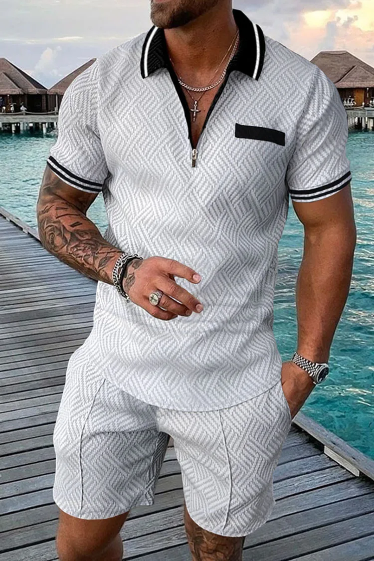 Herren Sommer lässig Polos hirt Set männliche Mode Trainings anzug einfarbig Anzug Trun Down Kragen Reiß verschluss Kleidung Vintage Outfit – Detail 16