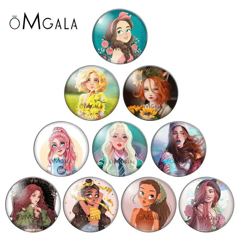 Cartoon Fashion Comic Girls Illustration 12mm/14mm/16mm/18mm/20mm/25mm Round photo glass cabochon demo flat back Making findings