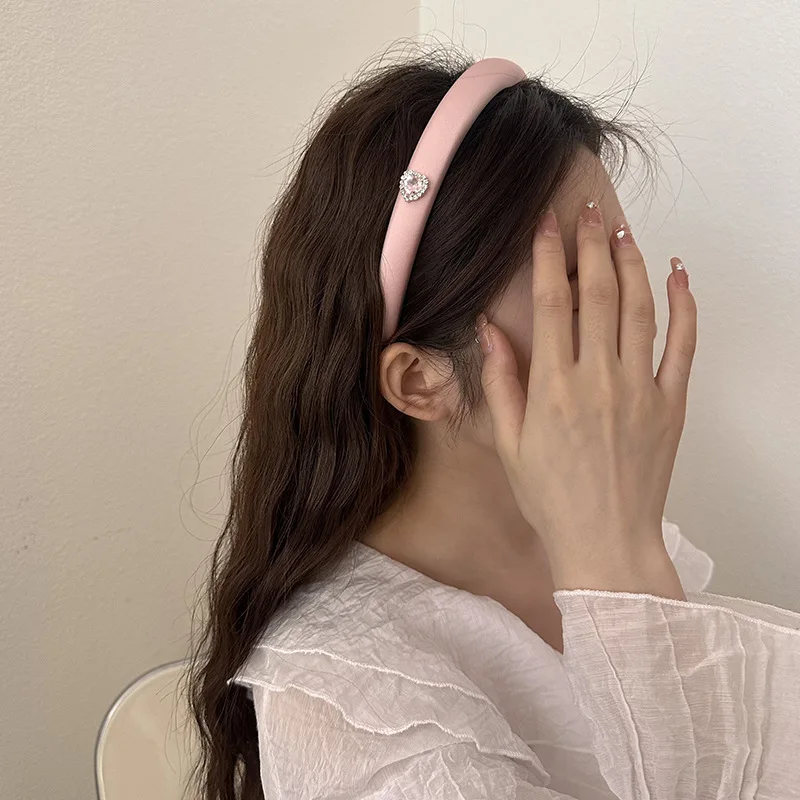Hair hoop pink heart Rhinestone Pink Hair Band Girls Wash Face Hair Band Makeup Headband Elegant Hair Accessories Female