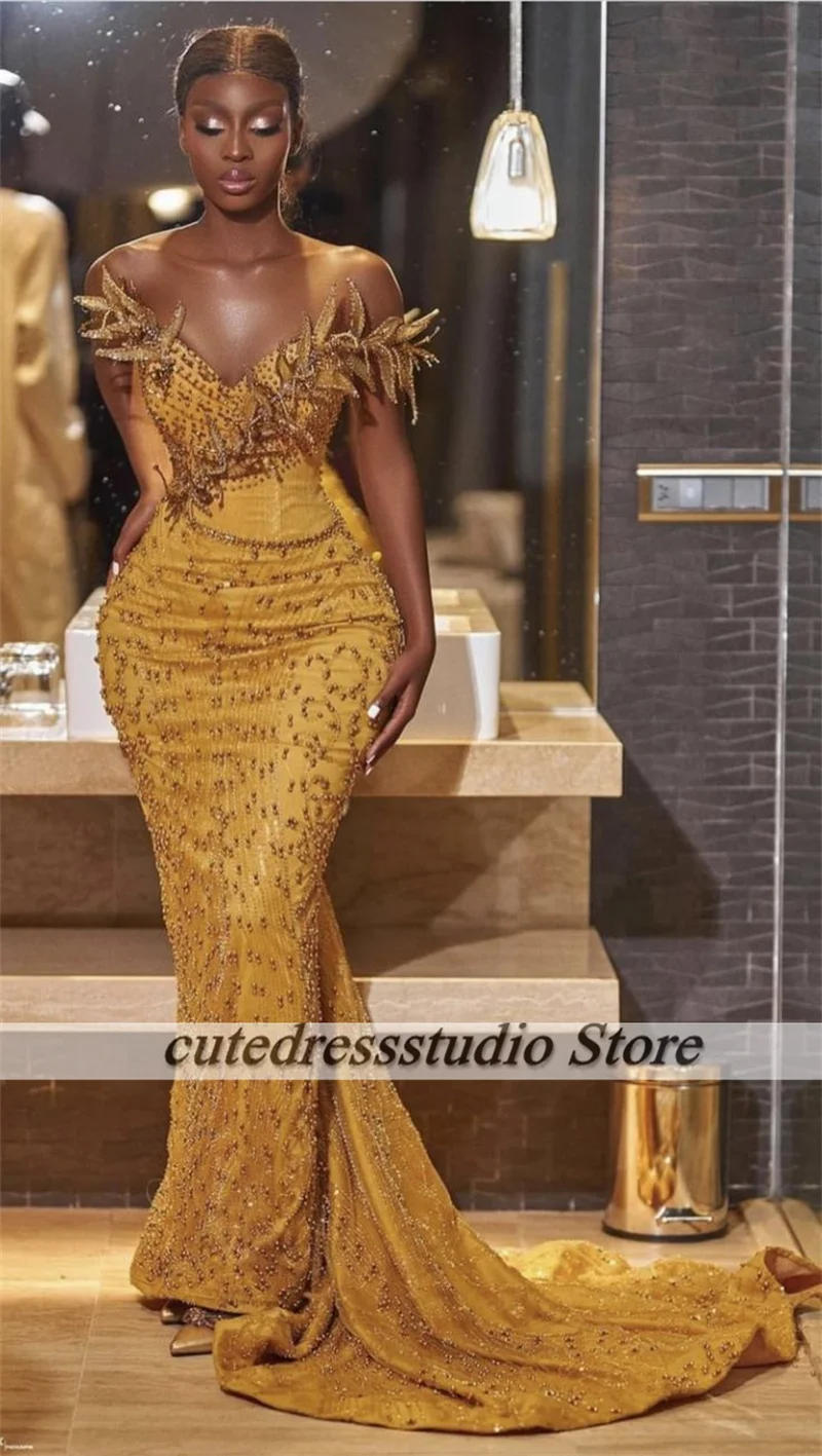 Vestidos de noite formais dourados para mulheres, miçangas aso ebi, sereia, festa de casamento, vestido de baile africano, vestidos de gala personalizados