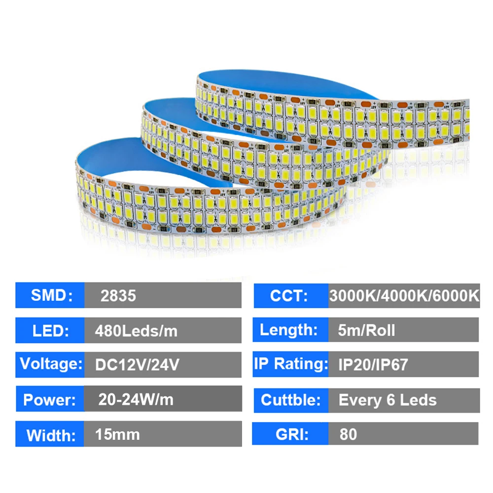 Super Bright Three Row Led Strip lights 2835 360Leds 480Leds 240Leds 12V/24V Flexible Led Tape IP67 Waterproof 3000K/4000K/6000K