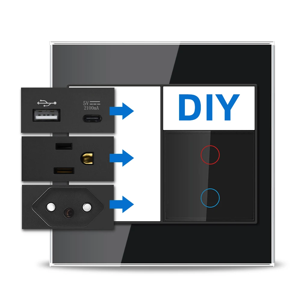 VISWE BR US CL EU Wall Plug, USB AC Fast Charger, Wifi Touch Light Switch, 120*120mm PC/Glass Panel Free Combination DIY Black