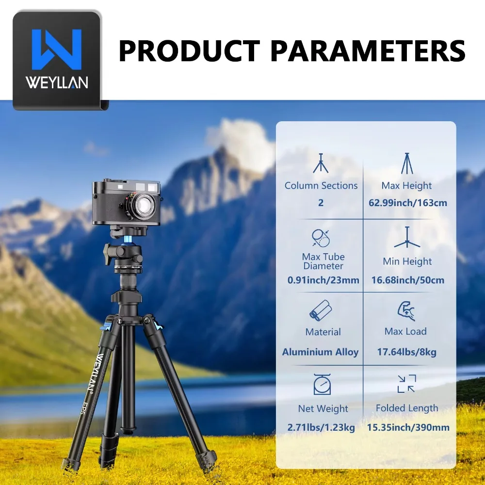 WEYLLAN 64 Inch Video Travel Tripod 360 Degree Ball Head Quick Release Plate Professional Tripod Max Load 8KG for DSLR Camera