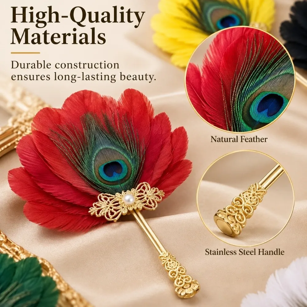 Ancient Style Elegant Peacocks Feathered Fan with Chinese Style Small Wedding Photography Fan Dance Performances Fan