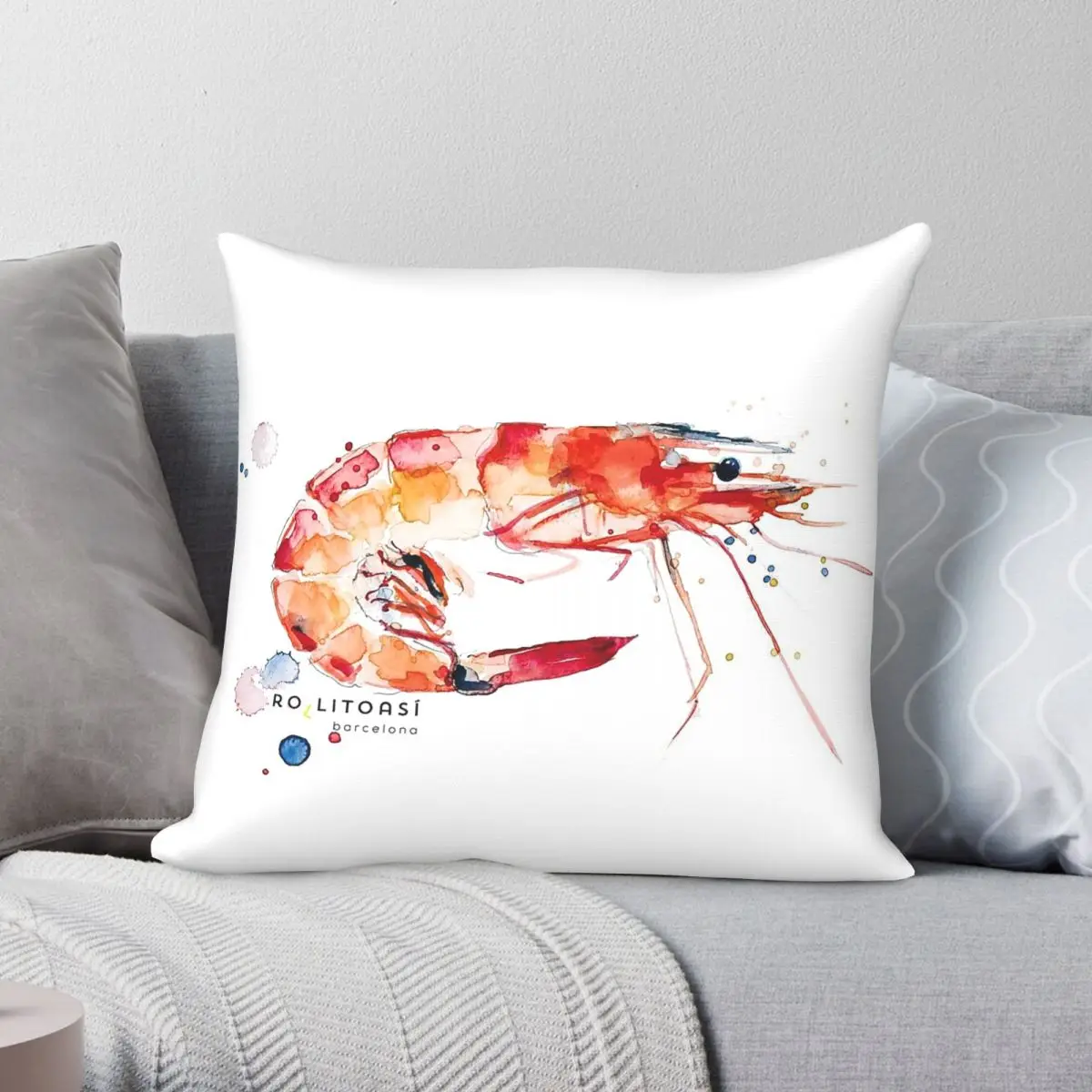 Shrimp Prawn Watercolor Square Pillowcase Polyester Linen Velvet Printed Zip Decor Bed Cushion Cover 45x45