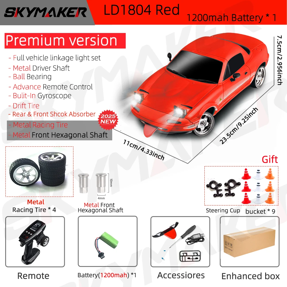 Skymaker LDRC LD1804 1/18 RC Drift Auto MX5 2,4 GHz RWD met ESP Gyroscoop on-Road LED-verlichting Volledige schaal RC Auto's Kinderen Speelgoed Cadeau