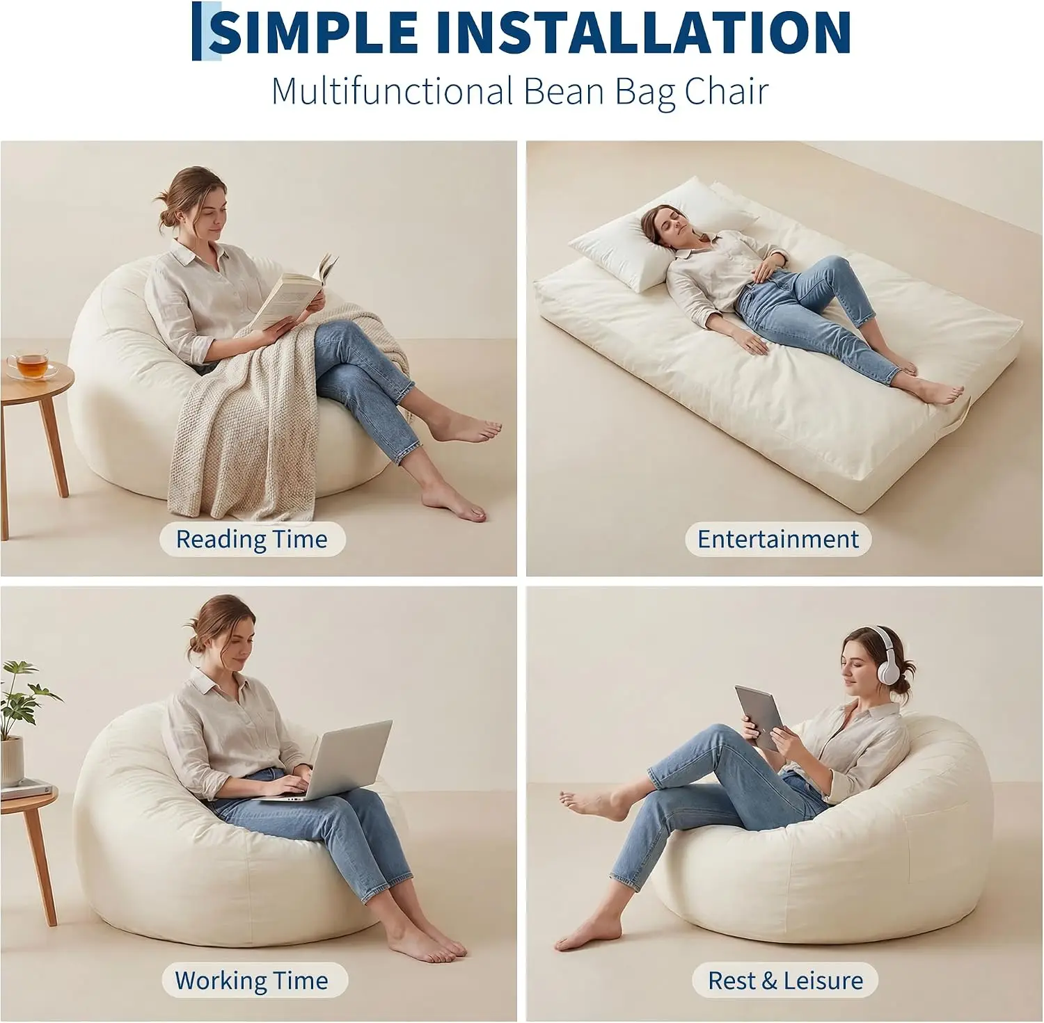 3 IN1 4FT Memory Foam Lazy Sofa Comfortable Large Bean Bag for Home Bedroom Adults Kids Tatami Chairs Covers Bean Bag Chair