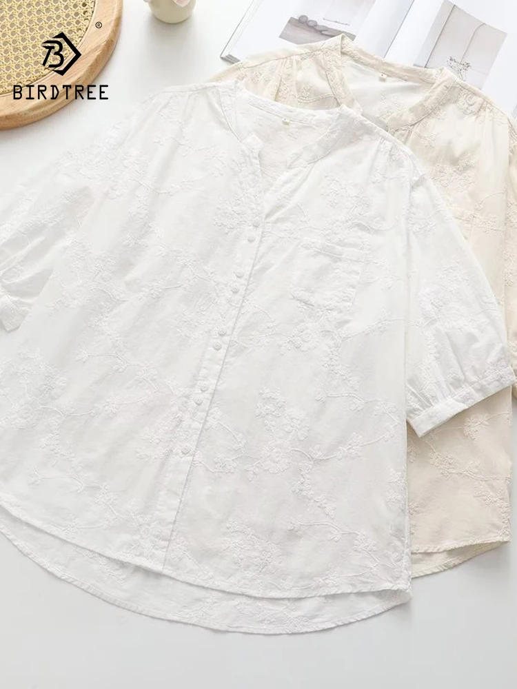 

New 2026 Summer Women Cotton Half Sleeve Shirt, V Neck Embroidery, Mori Girl Preppy Style Versatile Thin Loose Blouse T66127CC