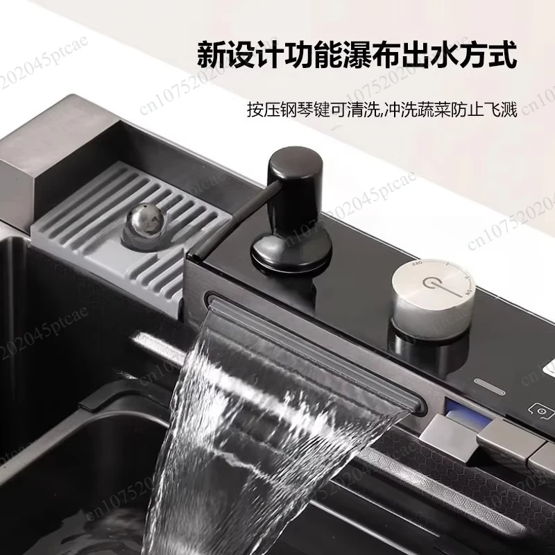 Digital display faucet set with knife holder, embossed oversized single groove 100x50cm stainless steel waterfall kitchen sink