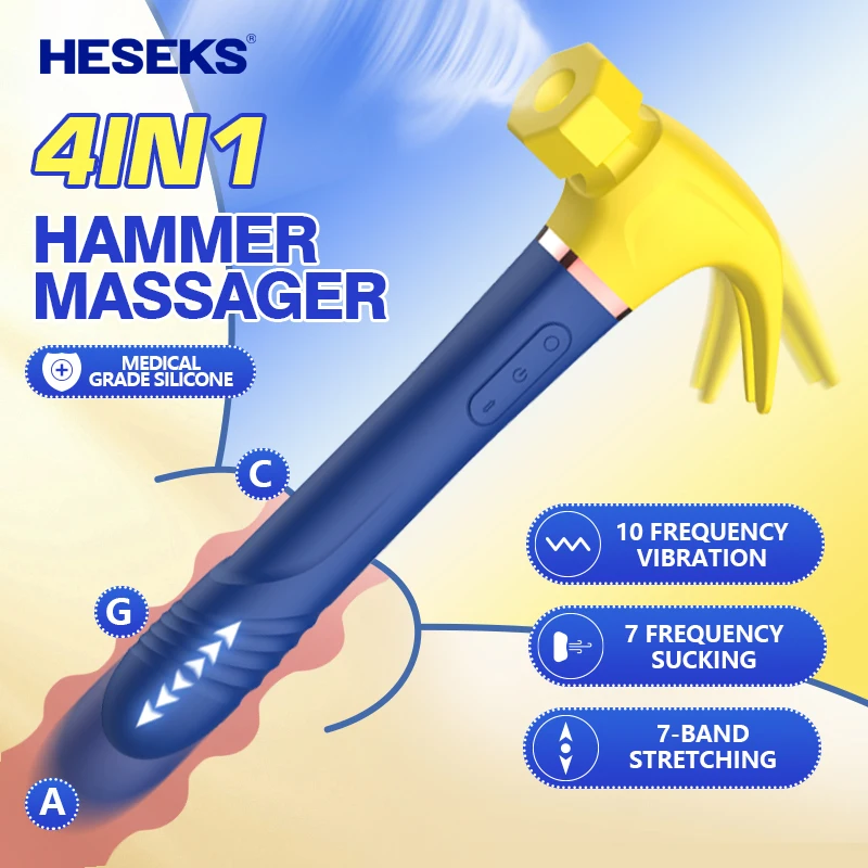 HESEKS 4IN1 Female Hammer Masturbator G Spot Clitoris Stimulation Dildo Vibrating Rod AV Massager Telescopic Sex Toy For Women