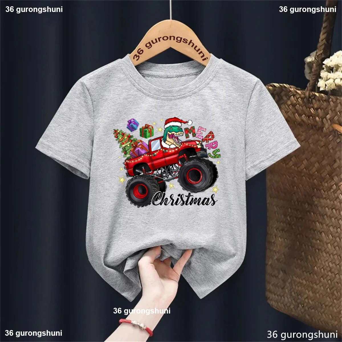 Merry Christmas Tree Tshirt Christmas Tyrannosaurus Rex Car Print Tshirt Boys Fashion Christmas Party Costumes New Year Clothes