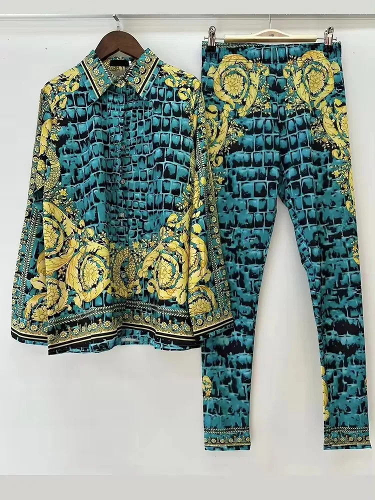 Designer Retro Geometric Print Loose Shirt Two-piece Set Spring Women's Clothing + Knitted Stretch Small Leg Pants Fashion Set
