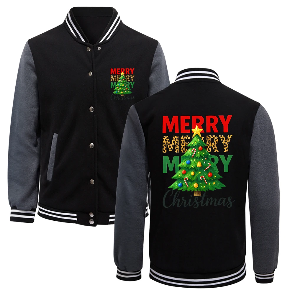 

Merry Christmas Tree Print Man Jacket Vintage Hip Hop Baseball Jersey Fleece Loose Button Coats Unisex Autumn Casual Clothes
