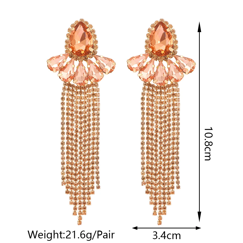 Shiny Inlaid Glass Elegant Alloy Long Tassel Earrings For Women Dinner Party Sexy Skirt Paired Ear Accessories Fashion Jewelry