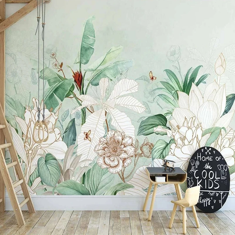 

Custom 3D Wallpaper Nordic Ins Hand-painted Tropical Rainforest Pastoral Plants Flowers Mural Indoor Living Room Background Wall