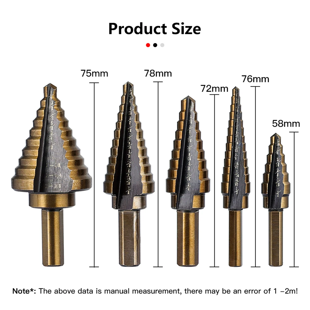 

Step Drill Bit Straight Groove Pagoda Hole Cutter Metal Cone Drill Bit Hole Opener 5Pcs 3/16" 1/2" 1/4" 3/4" 1-3/8" 7/8" 1/8"
