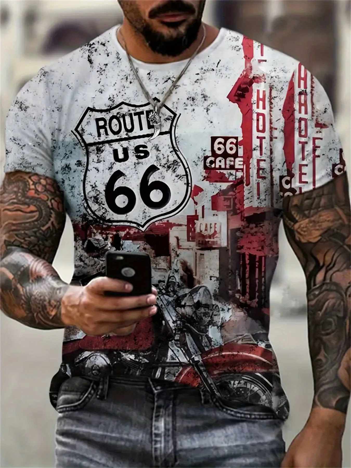 Men's Fashion US Route 63 3D Printed Motorcycle Graphic T-Shirt, Casual Spring/Summer Short Sleeve Tee, Cool Streetwear