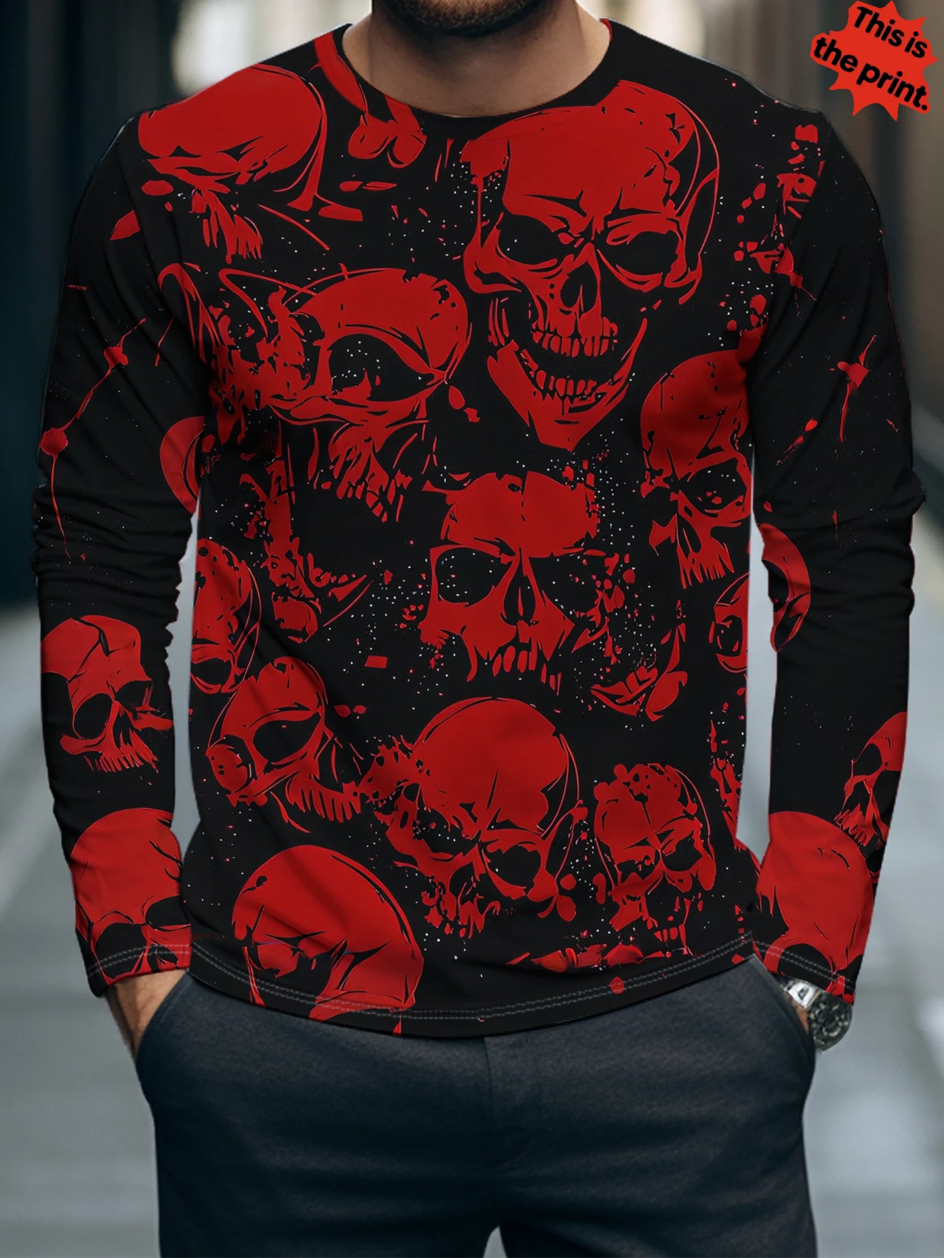 Men's Long Sleeve T‑Shirt Red Skull Collage Splatter Graphic Print Crew Neck Gothic Halloween Casual Streetwear Top