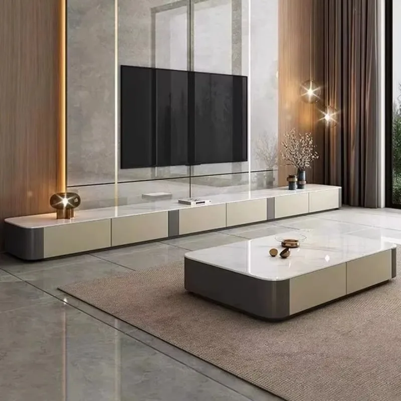 Rock slab TV cabinet coffee table combination floor-to-ceiling Italian pole living room Nordic apartment household solid wood