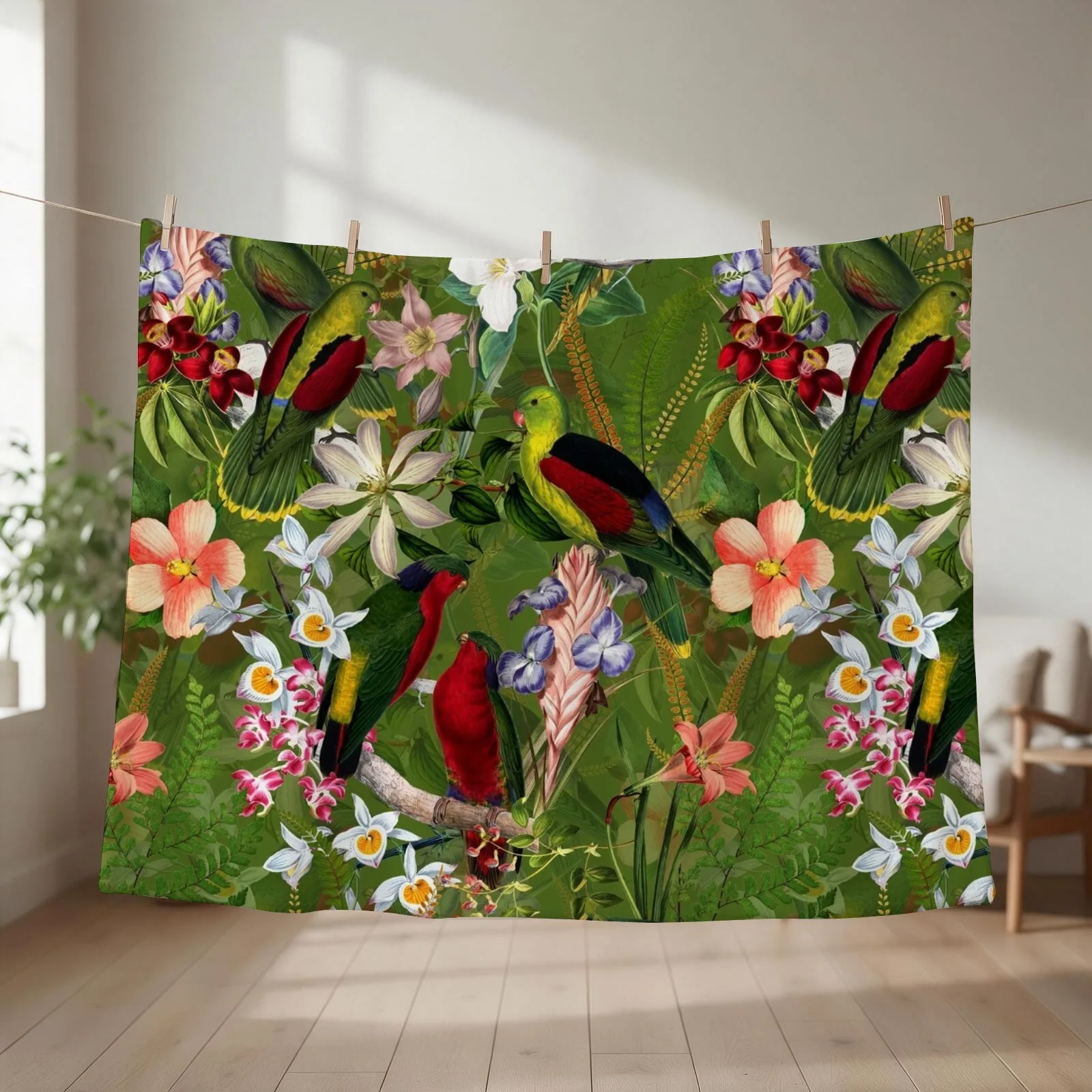 Vintage Parrot Jungle Botanical Garden 3 Throw Blanket couch cozy soft plush fuzzy picnic outdoor blanket