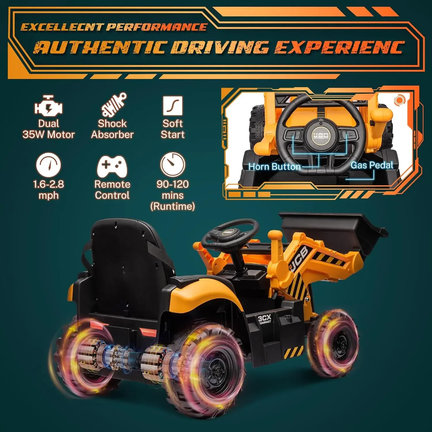 12V Backhoe Loader ไฟฟ้ารถของเล่นสําหรับเด็ก,แบตเตอรี่ขับเคลื่อน Ride on รถก่อสร้างของเล่น w/ด้านหน้า Loader & Excavator