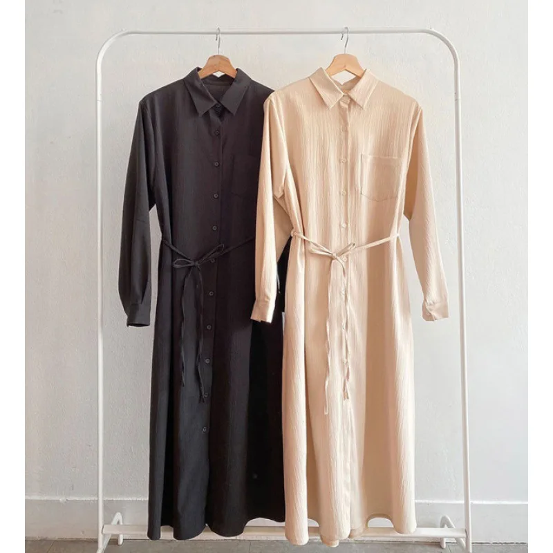 

Lapel single-breasted lace-up waist shirt women's dress