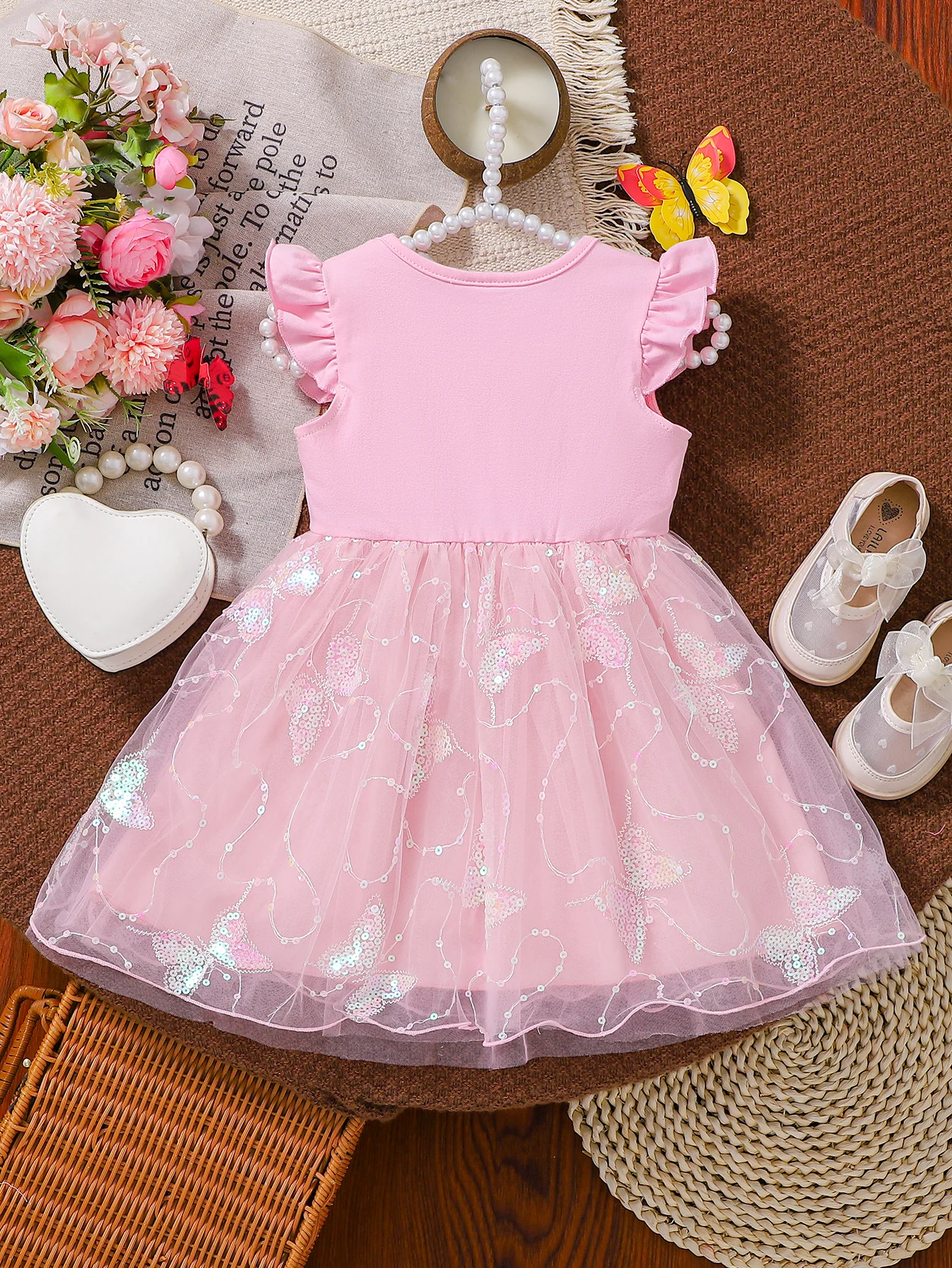 Girls Sweet Butterfly Sequin Tulle Skirt Pink with Fairy Wings Princess Dress 3D Butterfly Decoration Shiny Strap Design